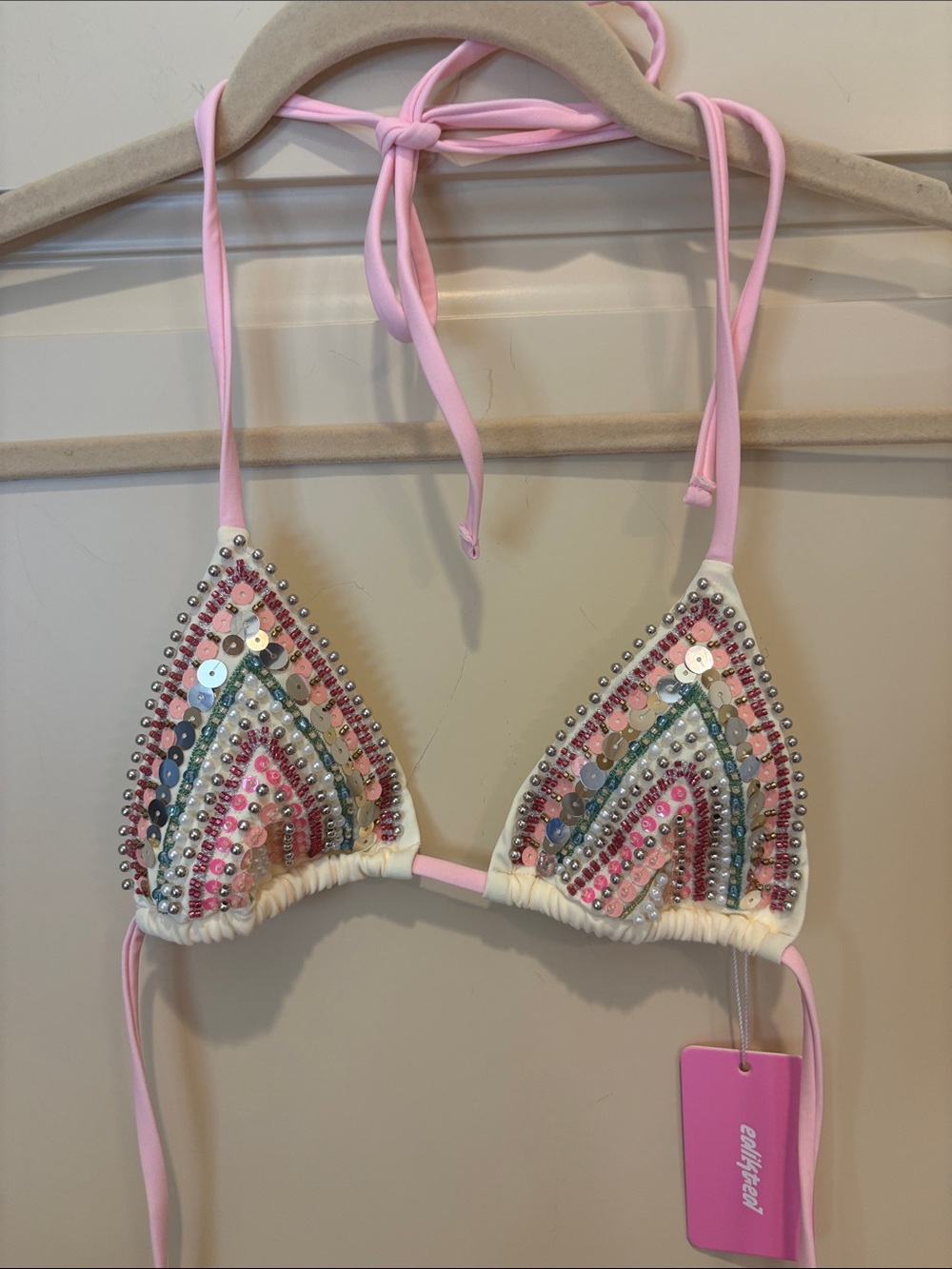 Edikted Pink Sequin Beaded Triangle Bikini Top